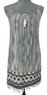 Drew Anthropologie Blue Ivory Woven Ikat Tunic Dress Fringe Hem Tie Neck Size XS